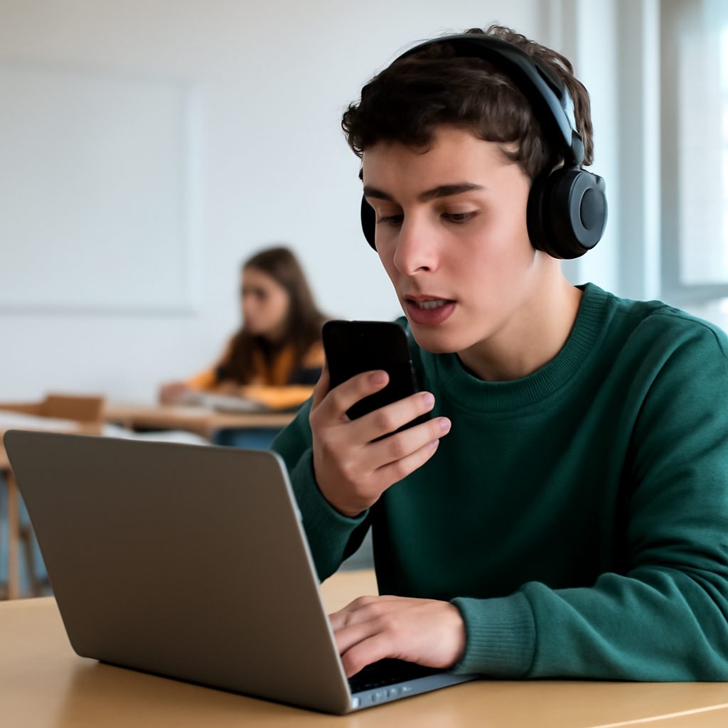 Alumno grabando su voz en clase para practicar la expresión oral