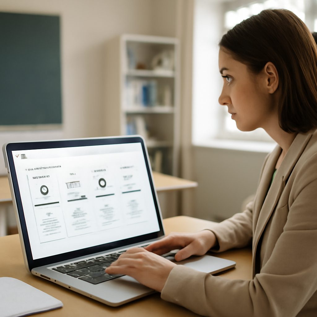 Docente utilizando una herramienta de IA para crear una línea de tiempo histórica interactiva en el ordenador
