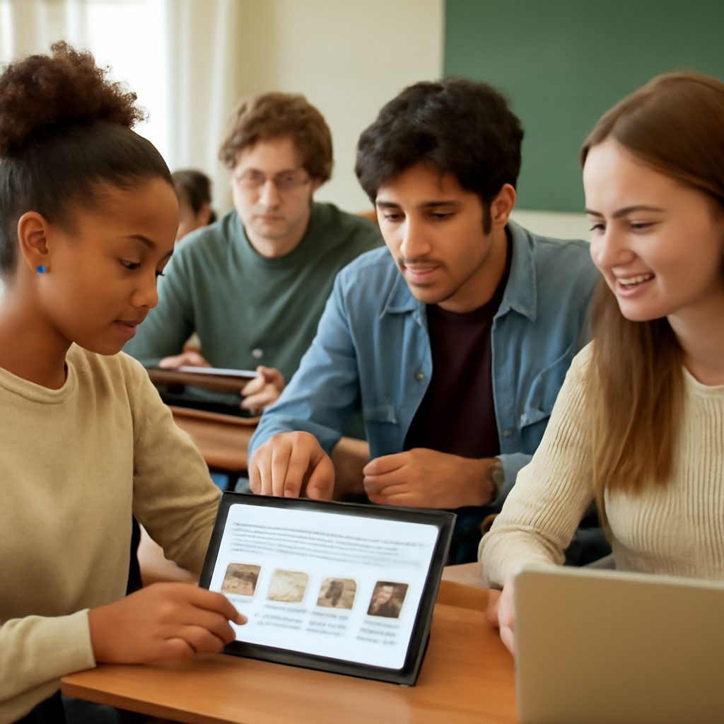 Estudiantes trabajando con líneas de tiempo interactivas en una clase de historia