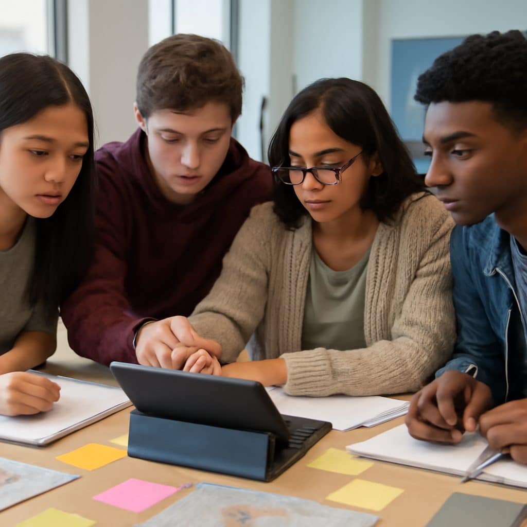 Estudiantes realizando una actividad colaborativa de historia con apoyo de IA