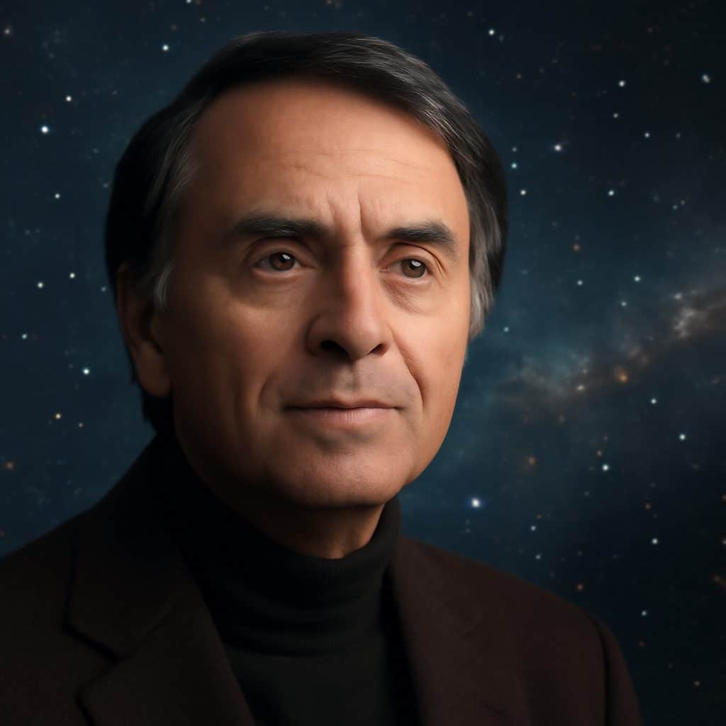 Retrato de Carl Sagan, astrónomo y divulgador científico, con un fondo inspirado en el cosmos.