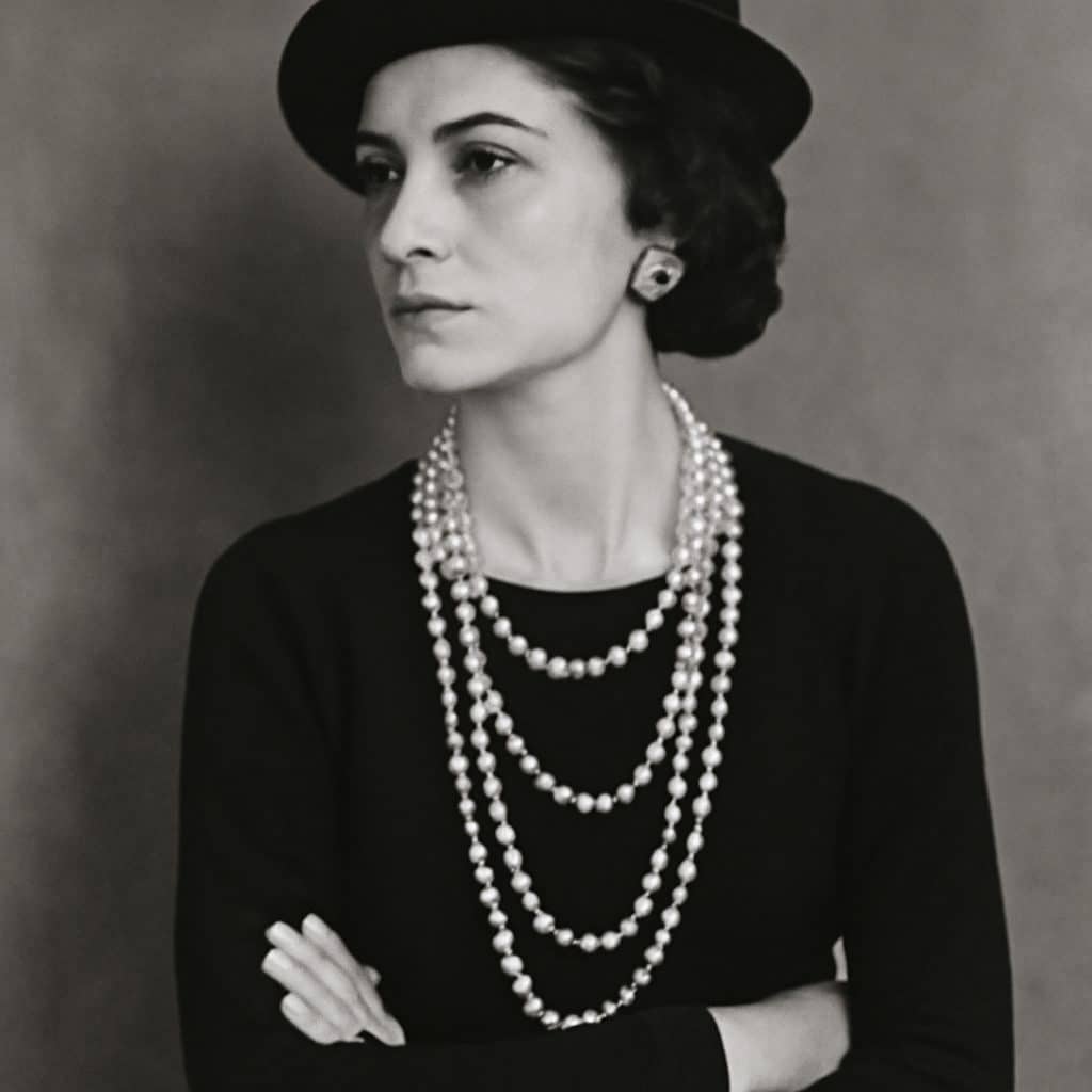 Retrato de Coco Chanel vestida de negro, reflejando el estilo sobrio y elegante que convirtió en su sello personal.