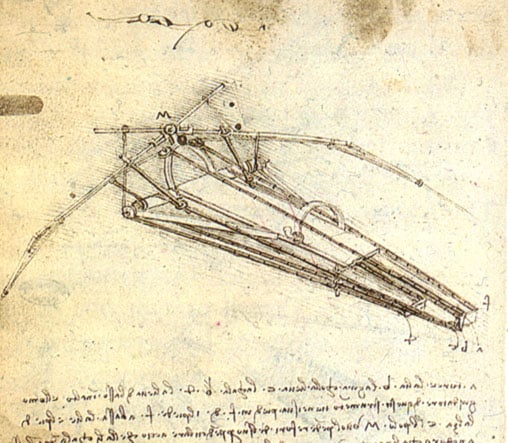 Diseño de máquina voladora de Leonardo da Vinci con detalles mecánicos
