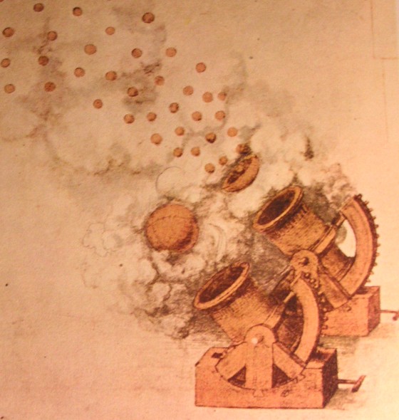 Ilustración de una máquina de guerra diseñada por Leonardo da Vinci en sus códices