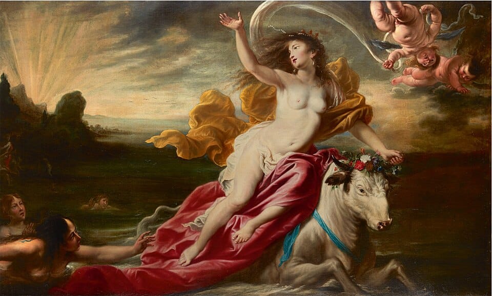 Zeus, transformado en toro, junto a Europa en una representación artística clásica