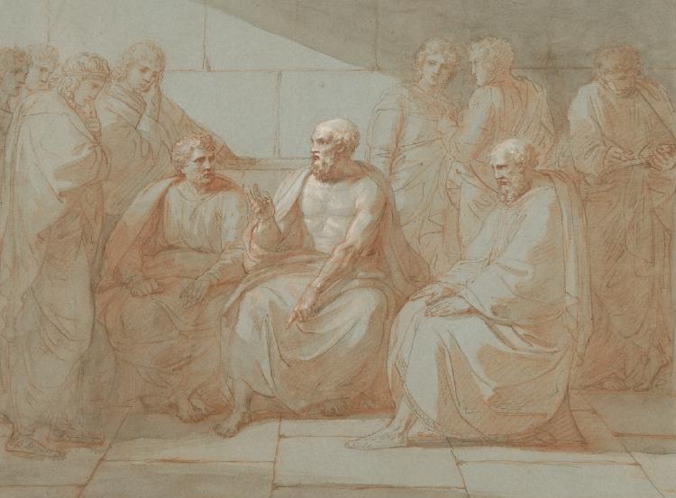 Representación artística de Sócrates dialogando, ideal para explicar el aprendizaje interactivo con personajes históricos.