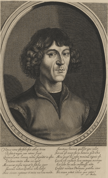 Retrato histórico de Nicolás Copérnico junto a un esquema del sistema heliocéntrico