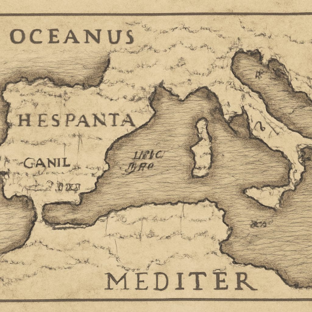 Mapa histórico del Mediterráneo con Génova y la Península Ibérica, contexto del debate sobre el lugar de nacimiento de Cristóbal Colón