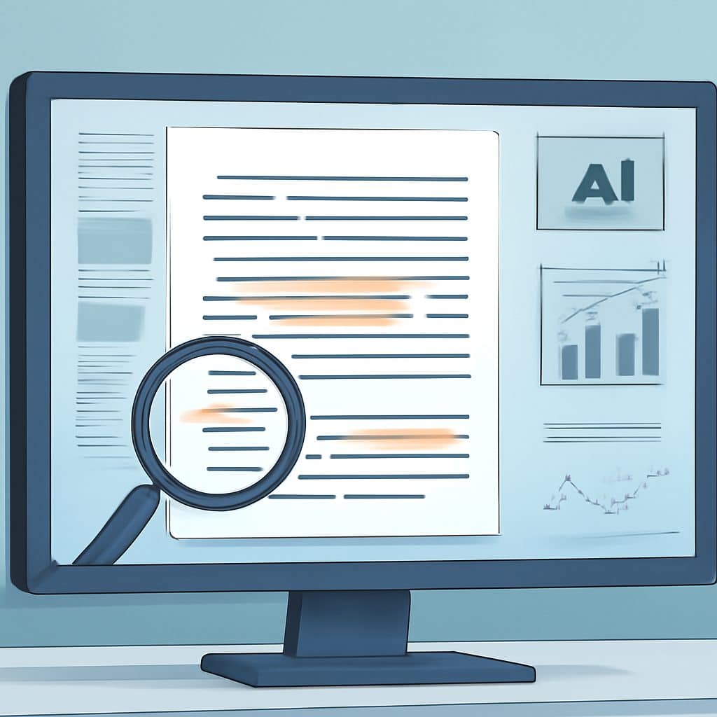Pantalla con un texto digital y elementos de análisis visual sobre detección de IA