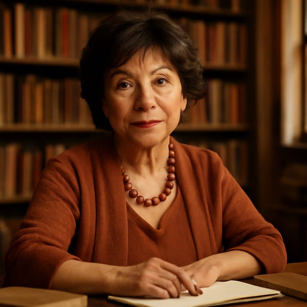 Retrato de Isabel Allende en un entorno literario, ideal para un artículo sobre por qué libros empezar a leerla
