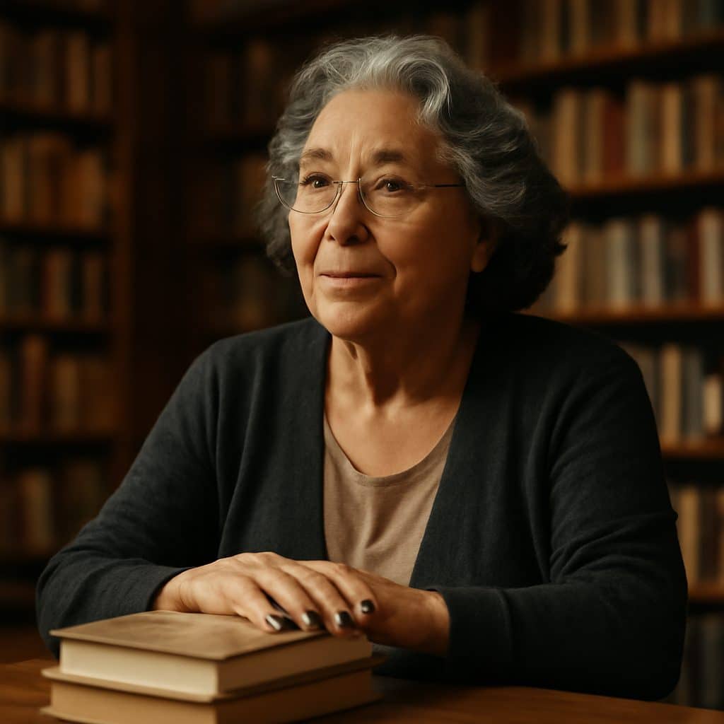 Retrato de Isabel Allende en un entorno literario rodeada de libros.