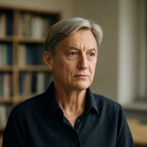 Retrato de Judith Butler, filósofa y teórica estadounidense, en un contexto académico.