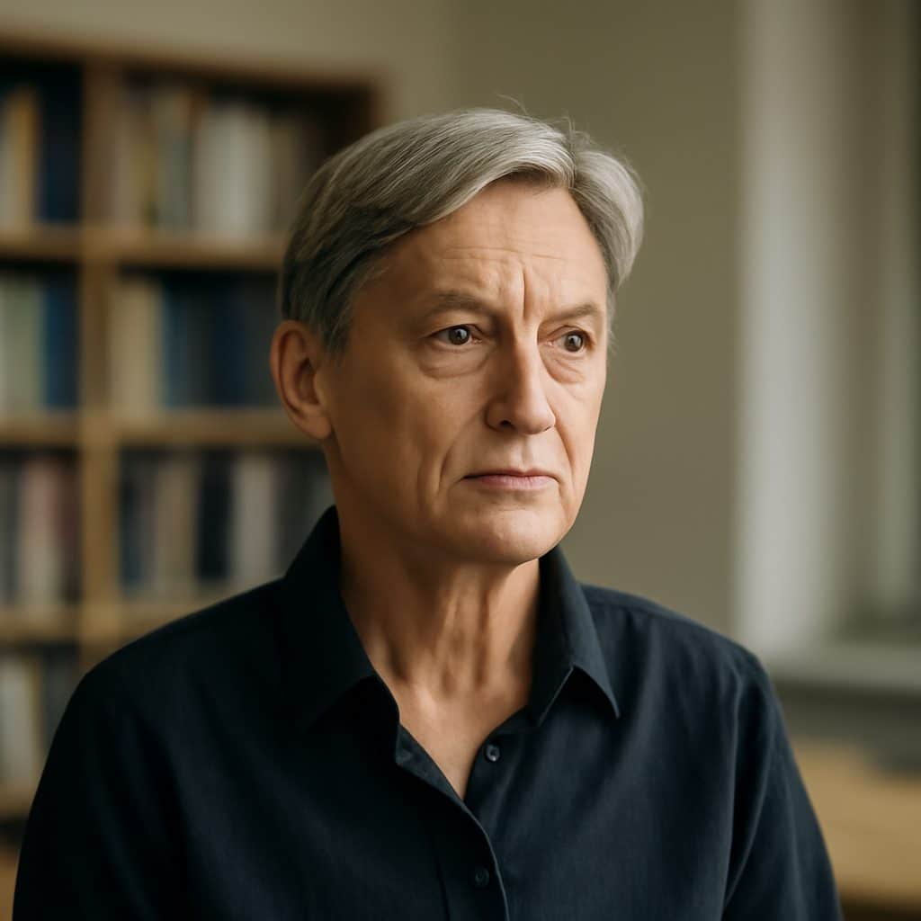 Retrato de Judith Butler, filósofa y teórica estadounidense, en un contexto académico.