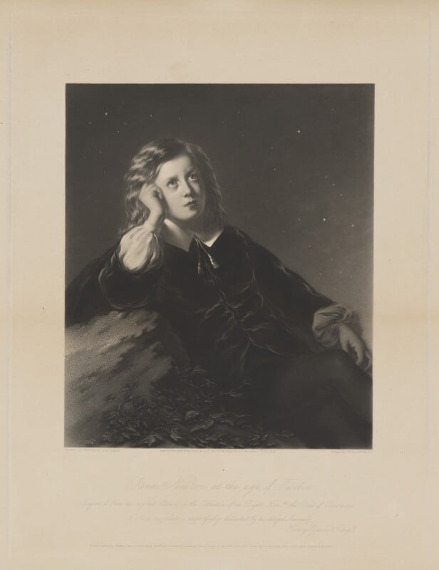 Retrato de Isaac Newton, físico y matemático inglés, en un entorno de estudio científico.