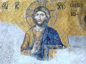 Representación histórica y artística de Jesucristo en una imagen de estilo clásico.