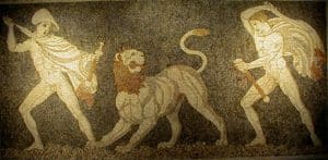 Representación histórica de Alejandro Magno y Hefestión en una escena inspirada en el mundo helenístico.