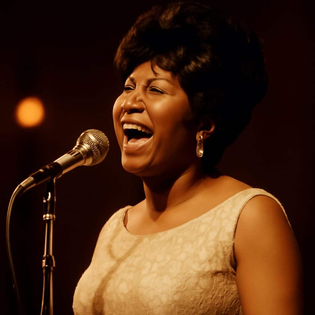 Aretha Franklin cantando en directo con un micrófono durante la era de “Natural Woman”