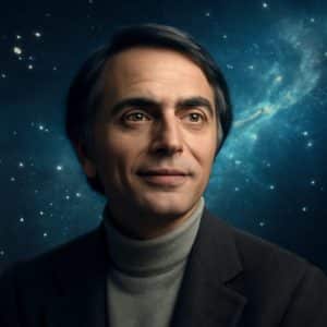 Retrato de Carl Sagan asociado a la serie Cosmos y a la divulgación del universo