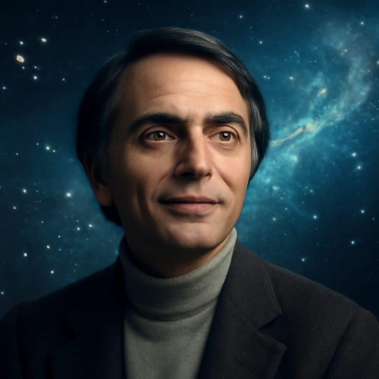 Retrato de Carl Sagan asociado a la serie Cosmos y a la divulgación del universo