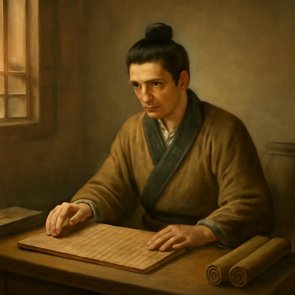 Ilustración de Confucio en su juventud estudiando en la China antigua