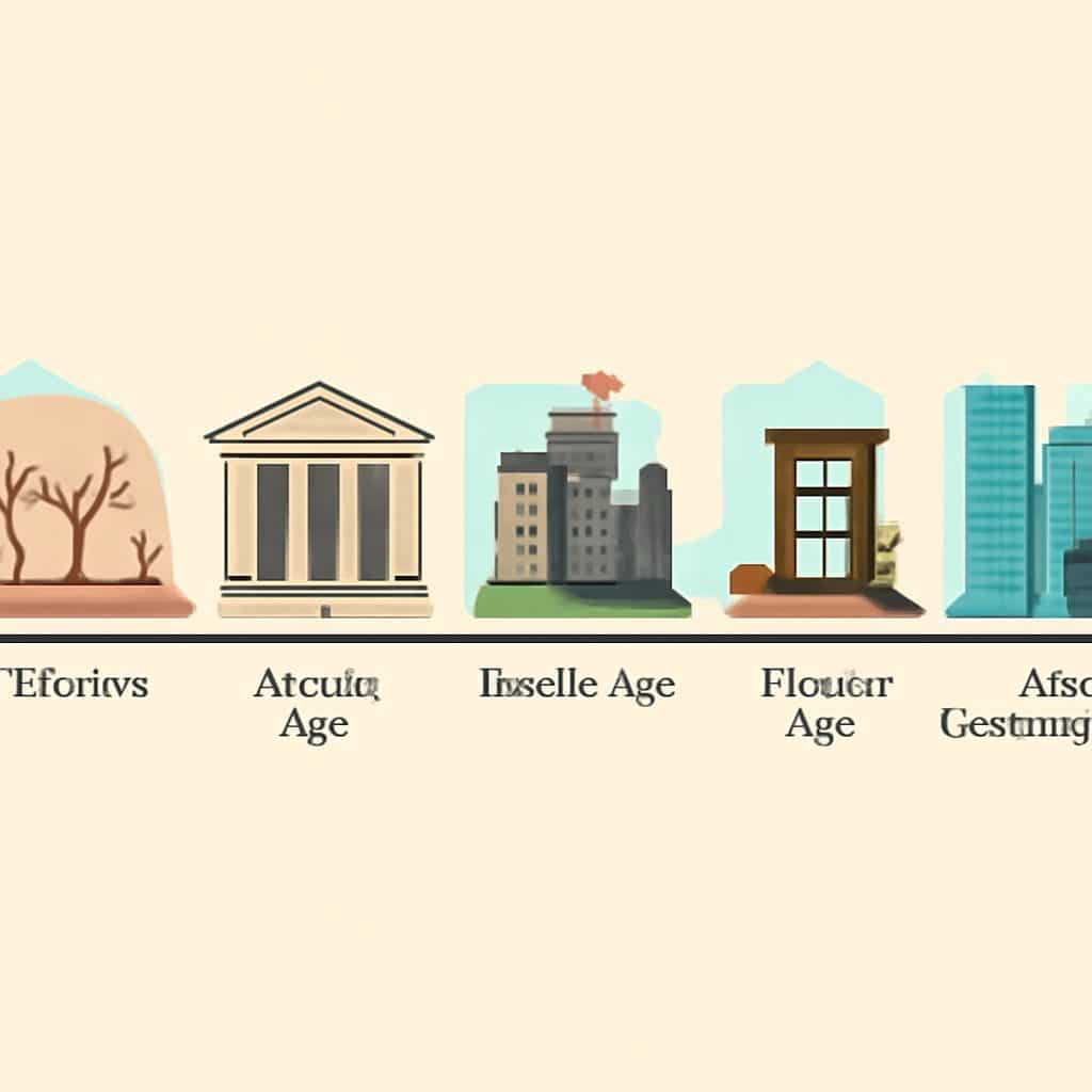 Ilustración de una línea del tiempo con las principales etapas de la historia, desde la Prehistoria hasta la Edad Contemporánea.