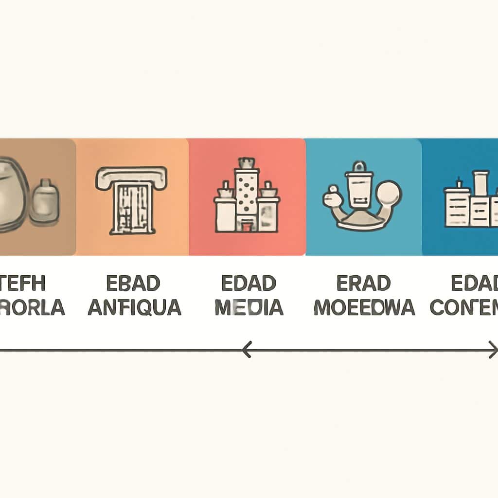 Línea del tiempo de las etapas de la historia con Prehistoria, Edad Antigua, Edad Media, Edad Moderna y Edad Contemporánea