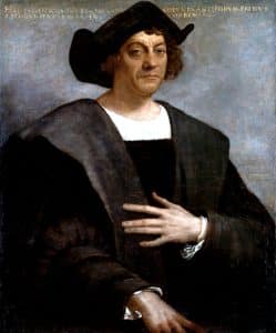 Retrato histórico de Cristóbal Colón con fondo de mapa antiguo, ilustrando el debate sobre su nacionalidad y origen.