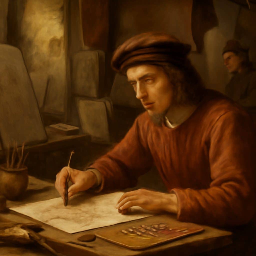 Recreación de un joven Leonardo da Vinci en un taller artístico de la Florencia renacentista