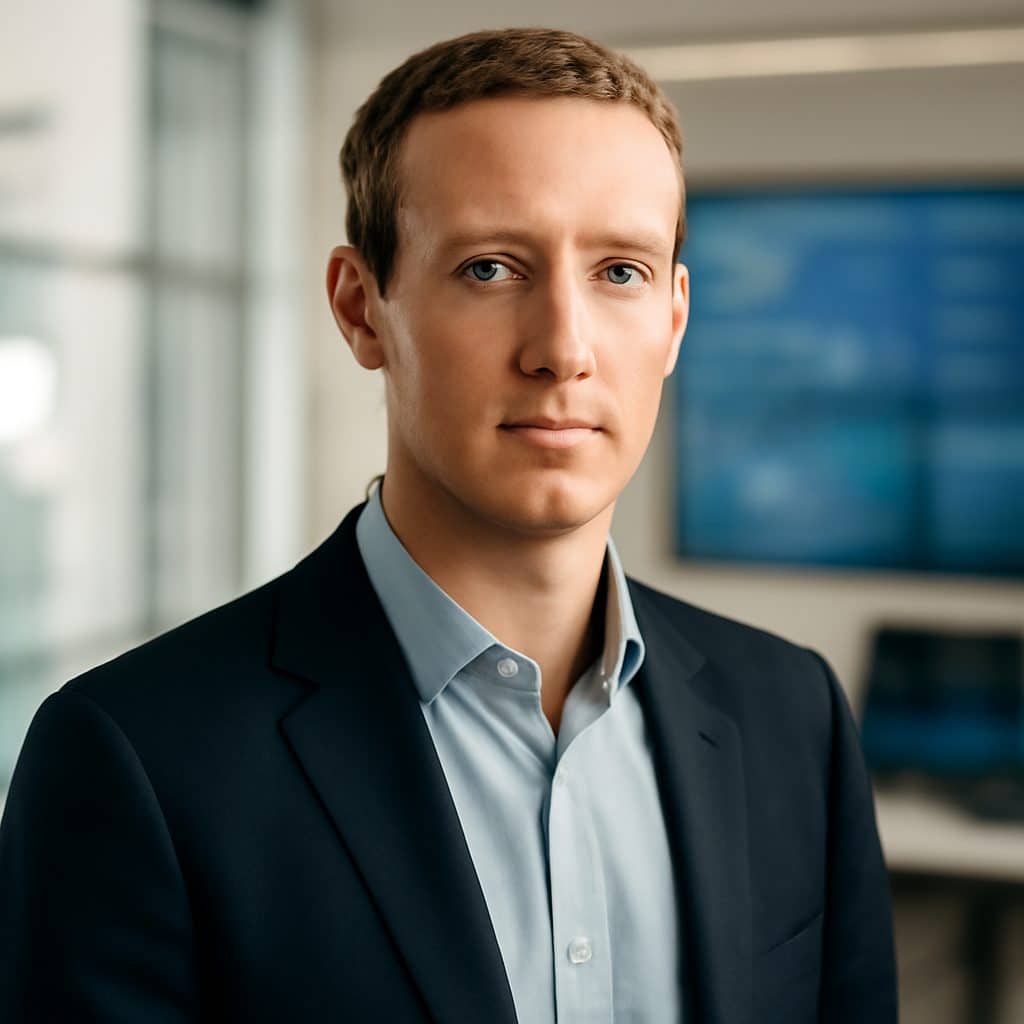 Retrato de Mark Zuckerberg en un contexto tecnológico y profesional