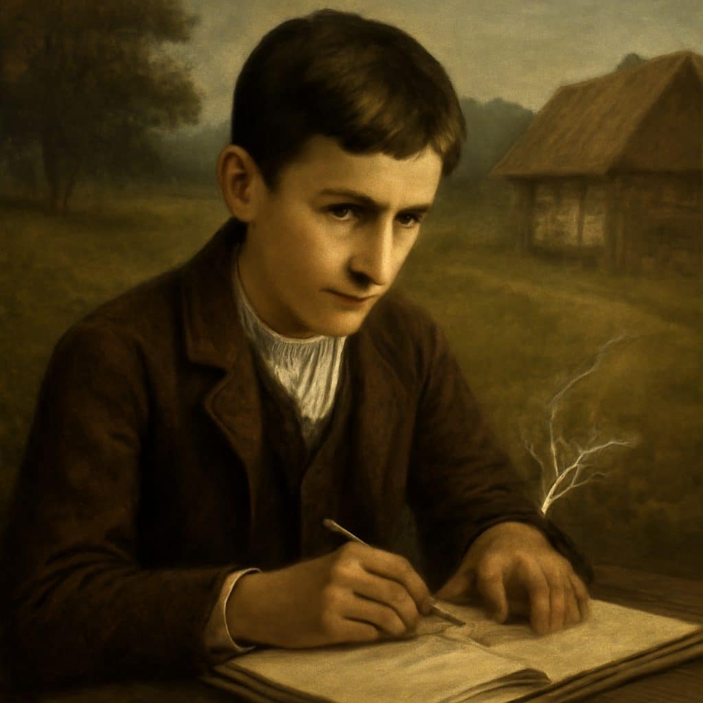 Retrato histórico de Nikola Tesla en su juventud, evocando su infancia y el origen de su fascinación por la ciencia.
