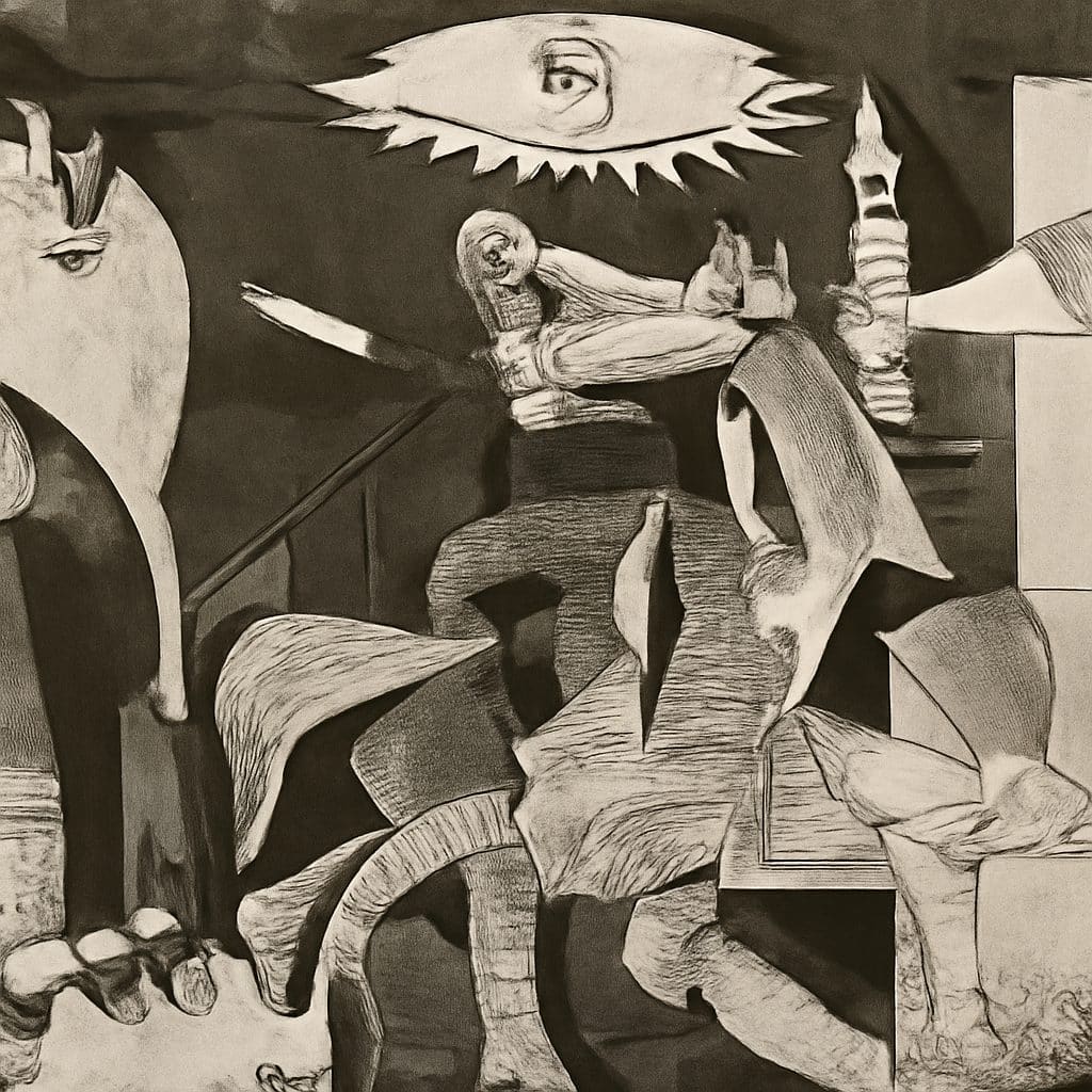 Detalle del Guernica de Picasso con el toro, el caballo y la madre con su hijo, símbolos centrales de la obra