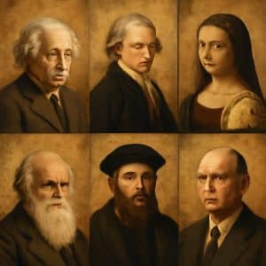 Collage de varias personas históricas influyentes de distintas épocas que cambiaron el mundo
