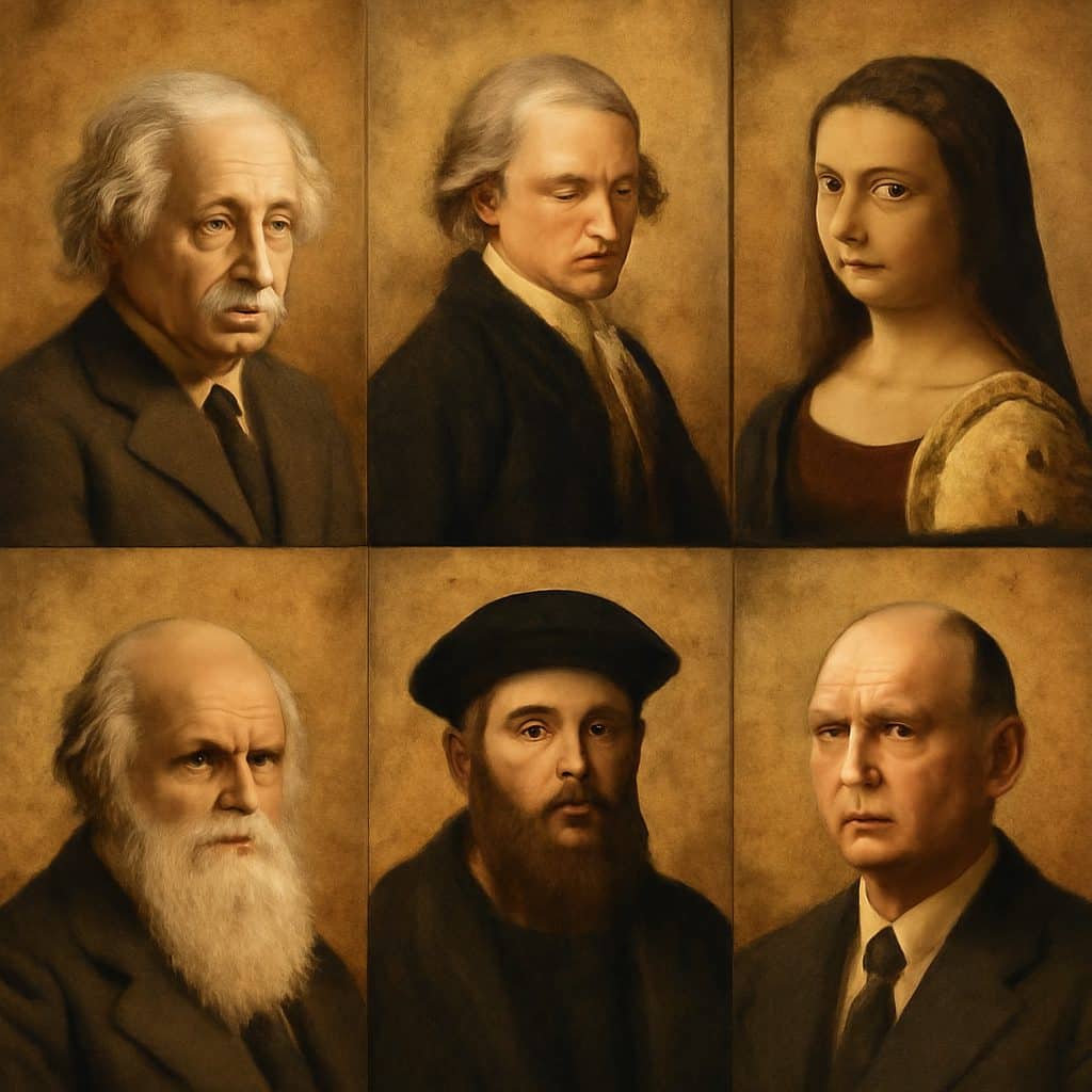 Collage de varias personas históricas influyentes de distintas épocas que cambiaron el mundo