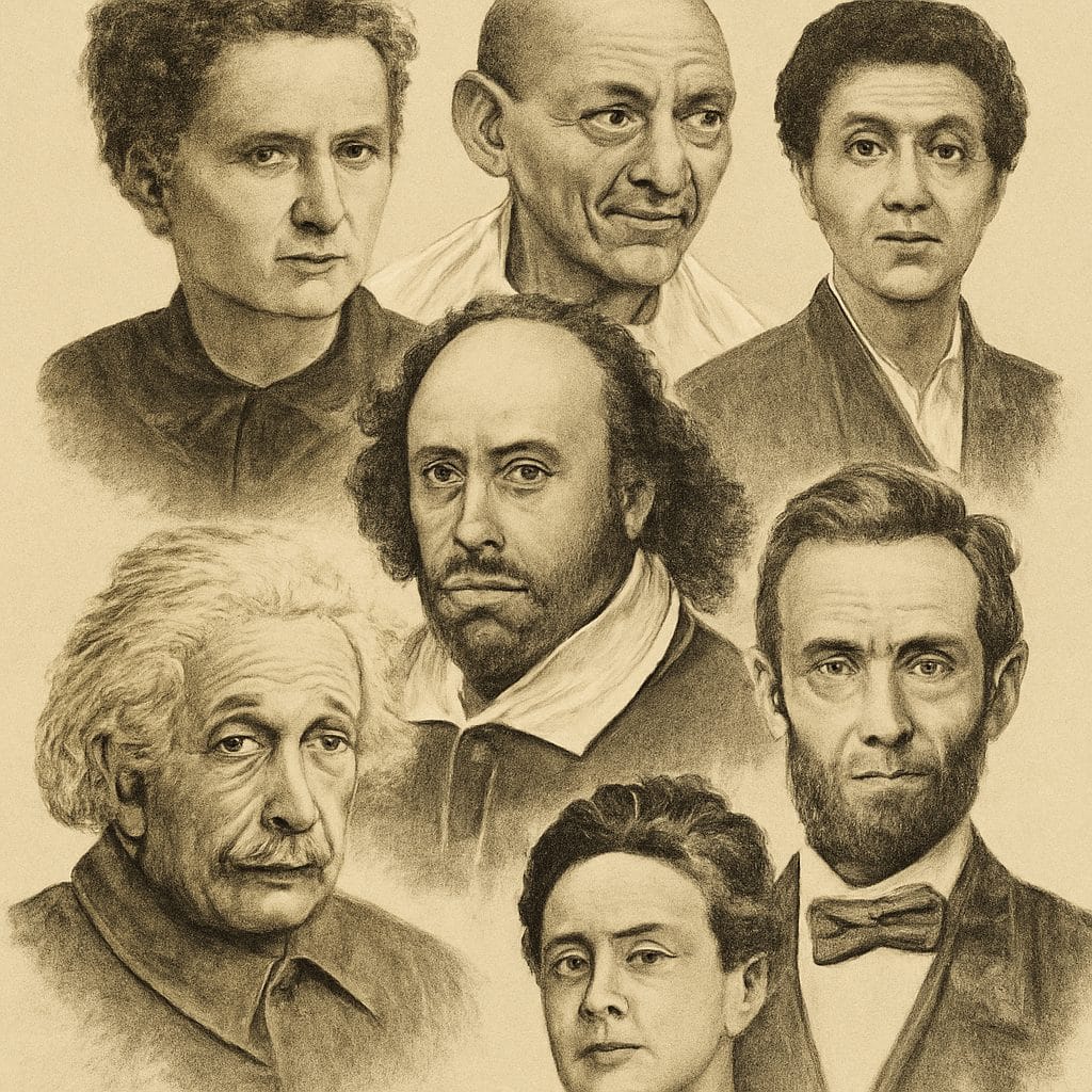 Collage de varias personas históricas influyentes de distintas épocas y ámbitos