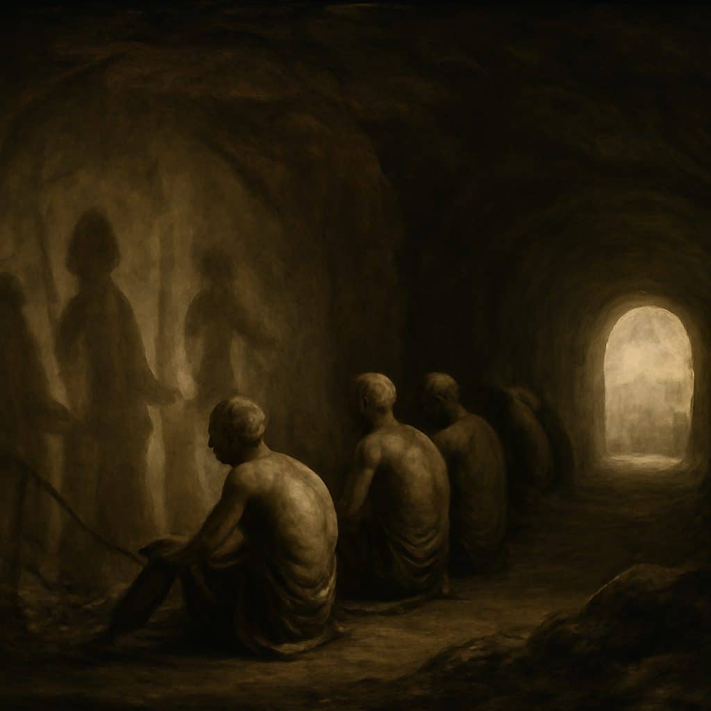 Ilustración del mito de la caverna de Platón con prisioneros mirando sombras dentro de una cueva