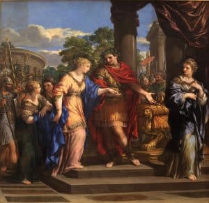 Representación histórica de Julio César y Cleopatra en una alianza política decisiva entre Roma y Egipto
